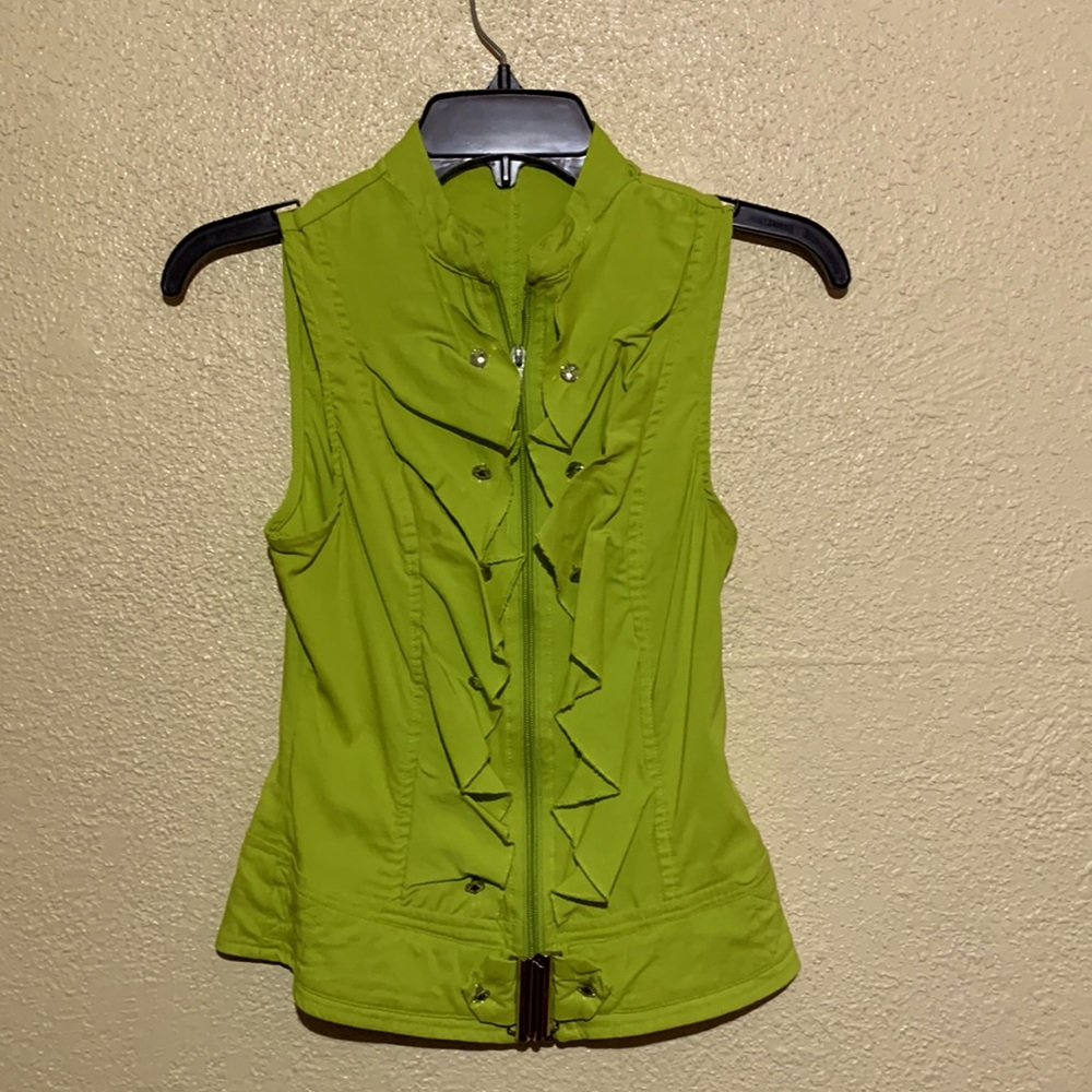 oh Yes Vest Green Rhinestone Buttons Zip Up Ruffle Front  M